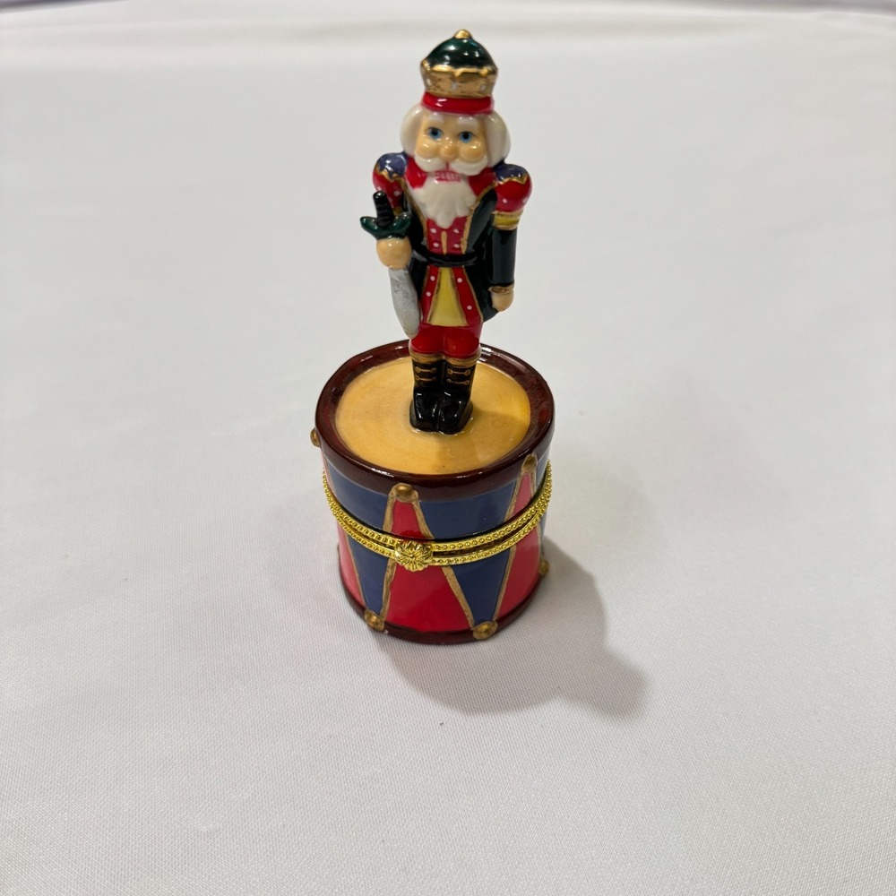 Vintage Kurt S. Adler Nutcracker on Christmas Drum Porcelain Trinket Box 5" Tall